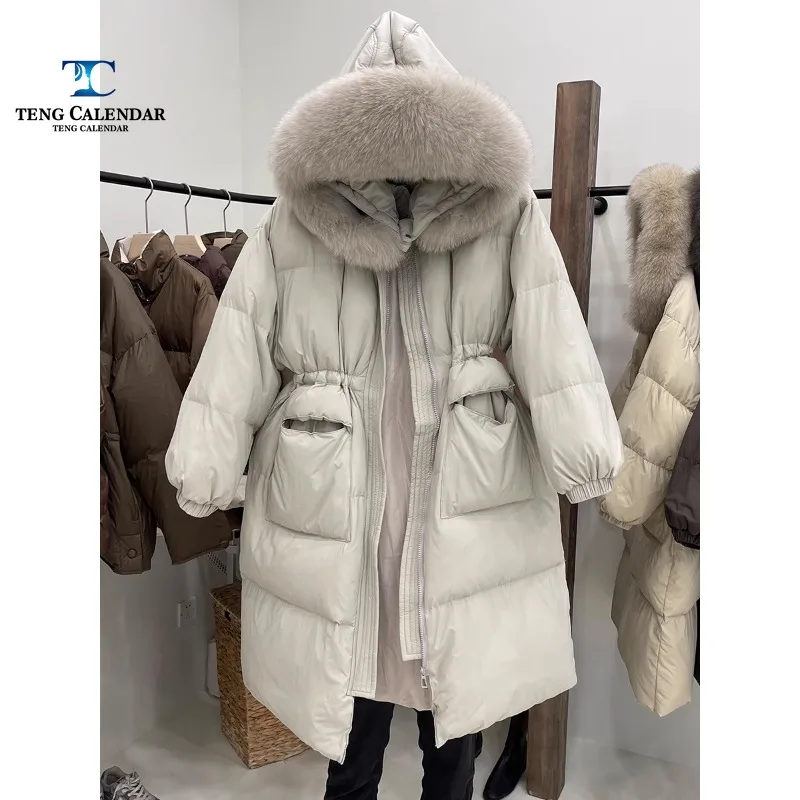 Winter Down Jacket for Women, Medium to Long, Thick and Loose Waist, Cinched Fox Fur Collar Jacket, New Model, 2024