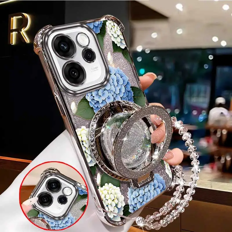 3pcs(Blue flowers phone Case+Lanyard+Stand) For OPPO Reno15 Pro Max/Reno15F/Reno15C Phone Case