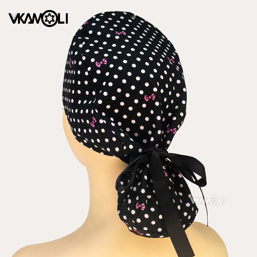 Black dot print Long Hair Working Cap Adjustable Working Hat Ponytail Holder Tie Back Hats for Women Scrub Cap
