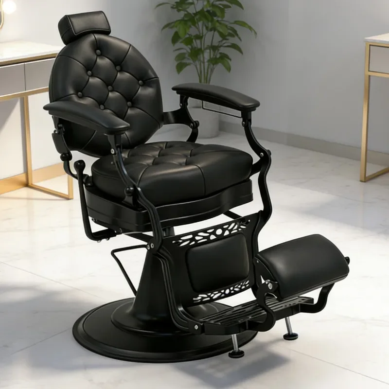 Beauty Salon Chair Retro Barber Chair Black PU Leather Liftable Rotating Hair Chair High-end Professional
