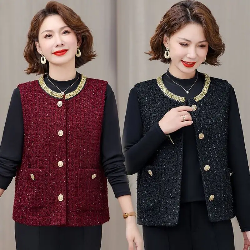 Small Fragrant Vest Coat Female 2026 Spring Autumn New Middle-Aged Mother Sleeveless Jacket Women Loose Casual Waistcoat Outcoat