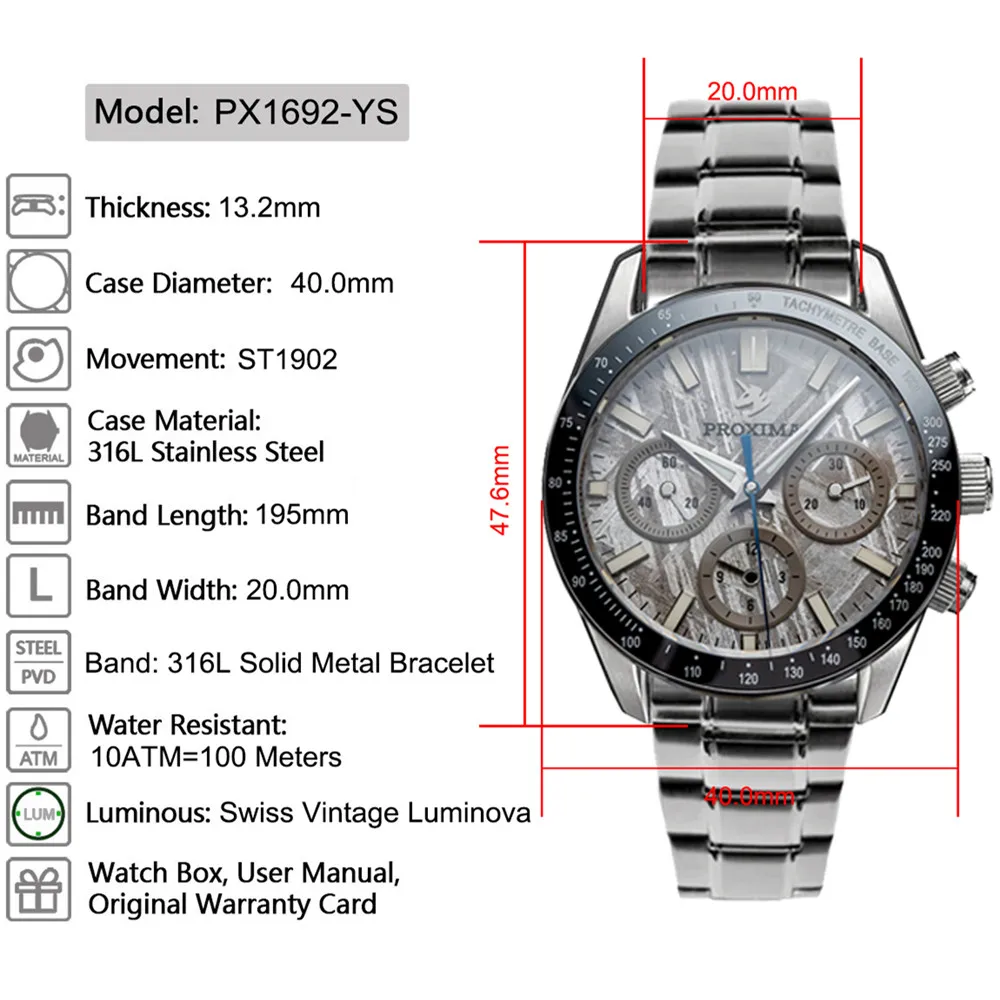 PX1692-YS Business Automatic Watch Gabion Meteorite Dial Three-Eye Chronograph Clock ST1902 Movement 2023 New