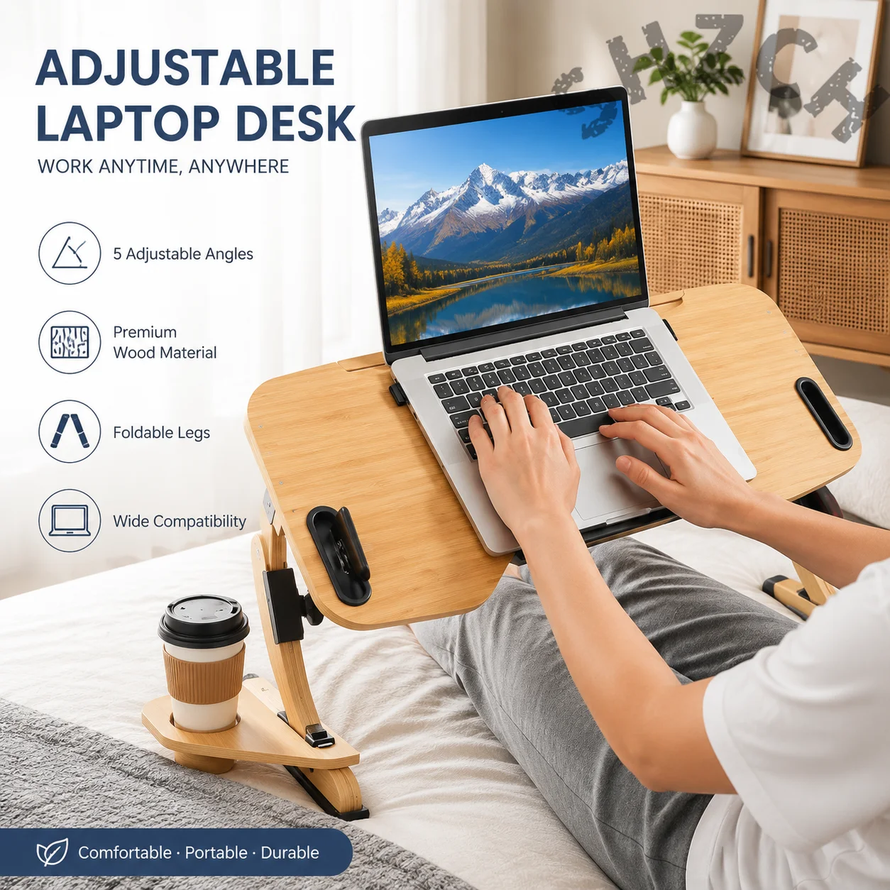 Laptop Stand Foldable - Adjustable Wooden Laptop Bed Desk –