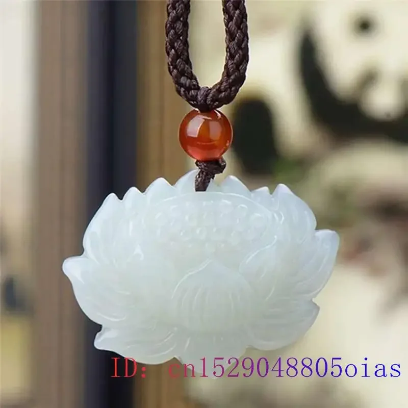 

White Jade Lotus Pendant Carved Charm Jadeite Chinese Amulet Fashion Natural Necklace Jewelry Women Men Gifts