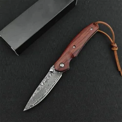 Damascus Steel Blade Flipper Assisted Folding Knife Wooden Handle Tactical Knives Outdoor Hunting Pocket Knife EDC Multitool