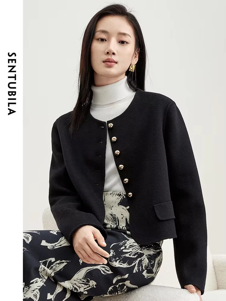 SENTUBILA 100% Wool Short Woolen Winter Coat Women 2024 Autumn Double Sided O-Neck Crop Wool Jacket Warm Soft Overcoat W34O49734