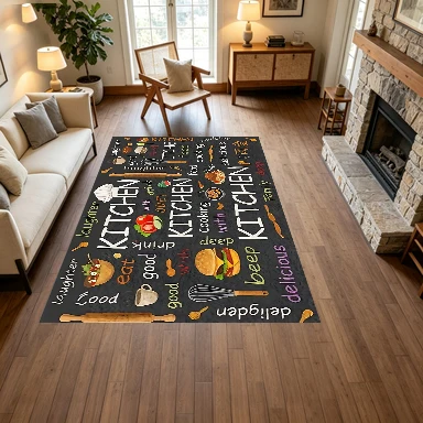 Kitchen Cooking Print Carpet, Kitchenware Pattern Carpet, Non-Slip Floor Mat, for Restaurant and Kitchen Decoration
