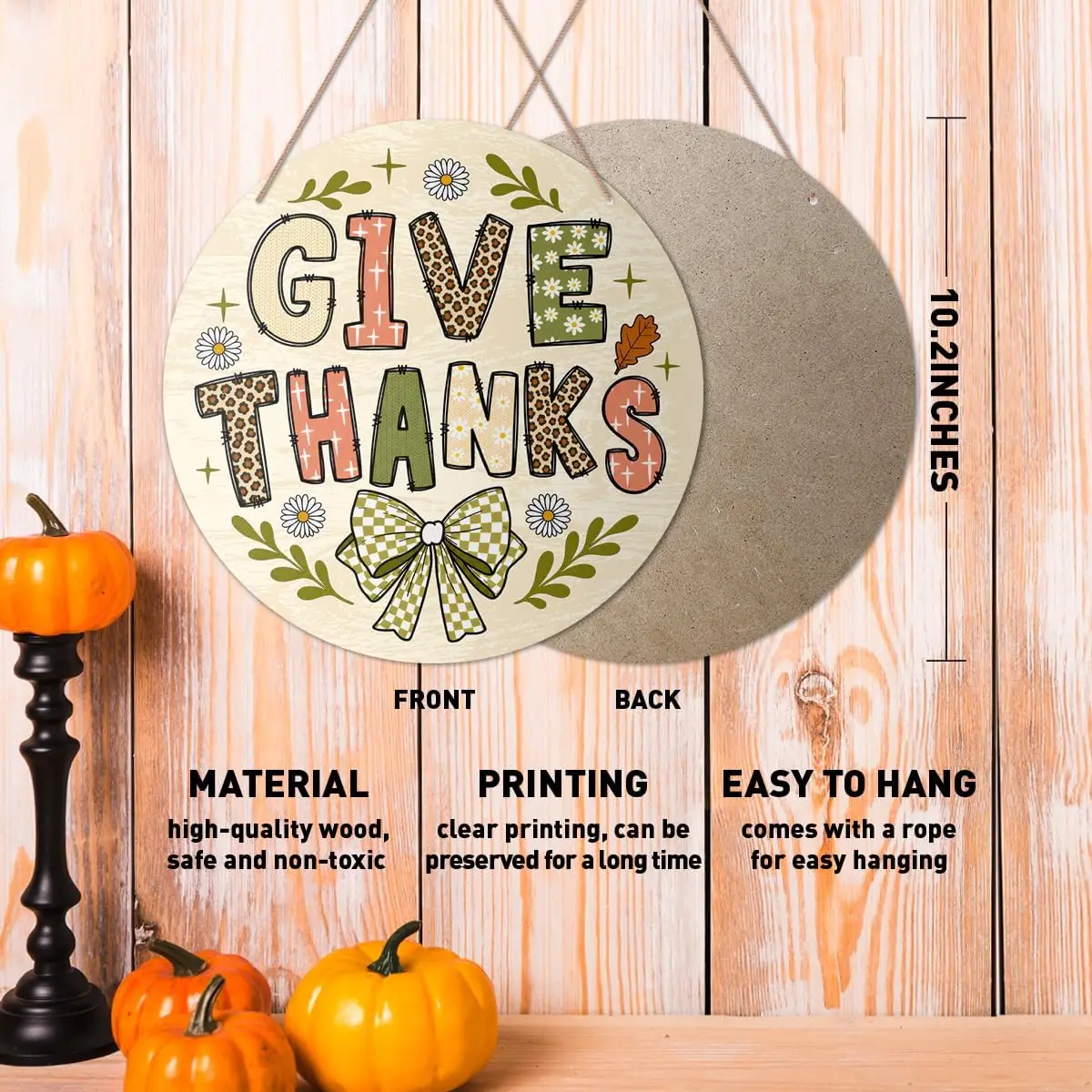 Fall Thanksgiving Christian Coquette Bow Wooden Door Decor Sign, Give Thank 12in