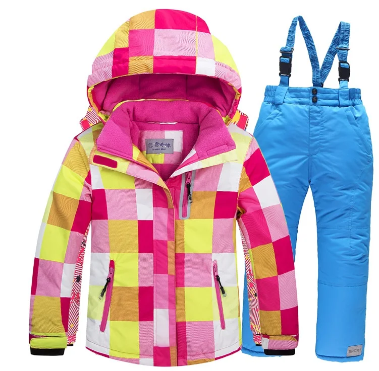 UNITIM Winter Children Boy Ski Suit Waterproof Plaid Hooded Jacket Overalls Snowsuit For 3-16 Years Kid Girls Teenage Parkas