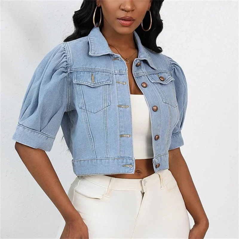 Fashion Pleated Bubble Short Sleeve Denim Jacket Women Lapel Single-breasted Cardigan Short Outerwear Daily Casual Commuter Coat