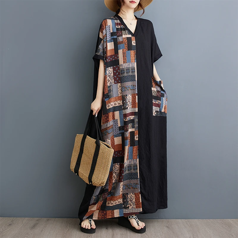 

Summer New plus Size Long Cotton Linen Print Slim V Neck Short Sleeve Color Block Black Dress with Pocket Loose Fit Vintage S...