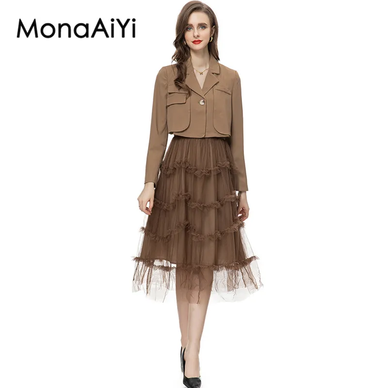 MonaAiYi New Fashion Designer Women's Lapel Single Button Brown Casual Small Blazer+Tiered Ruffles Mesh Strap Dress 2pcs Set