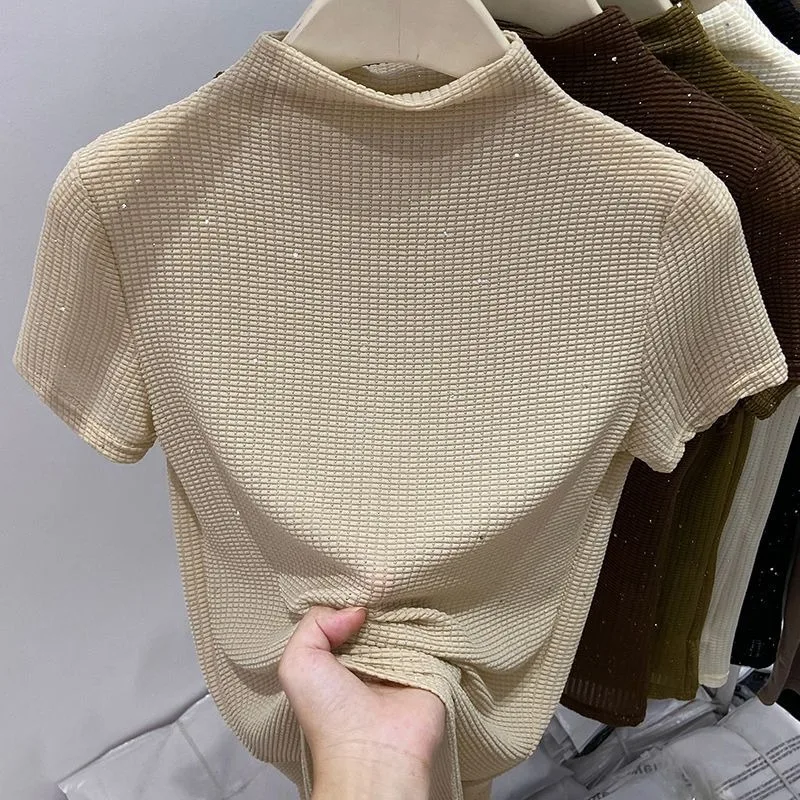 

Half Turtleneck Short-sleeved T-shirt for Women 2025 Summer New Slim Versatile Soft Waxy Bottoming Top