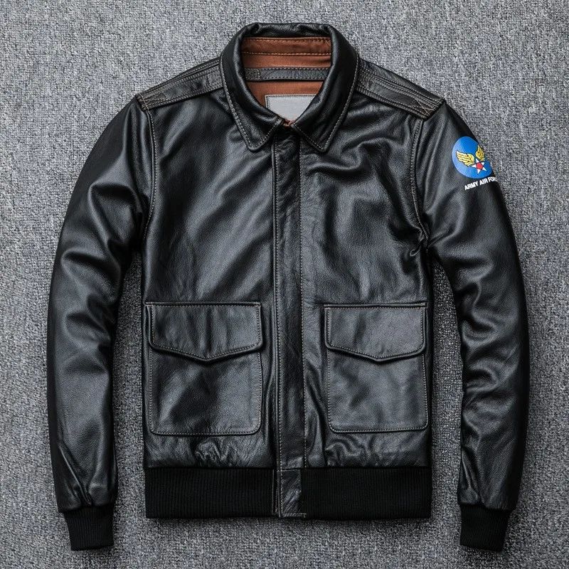 Baseball leather top layer cowhide men's short lapel coat