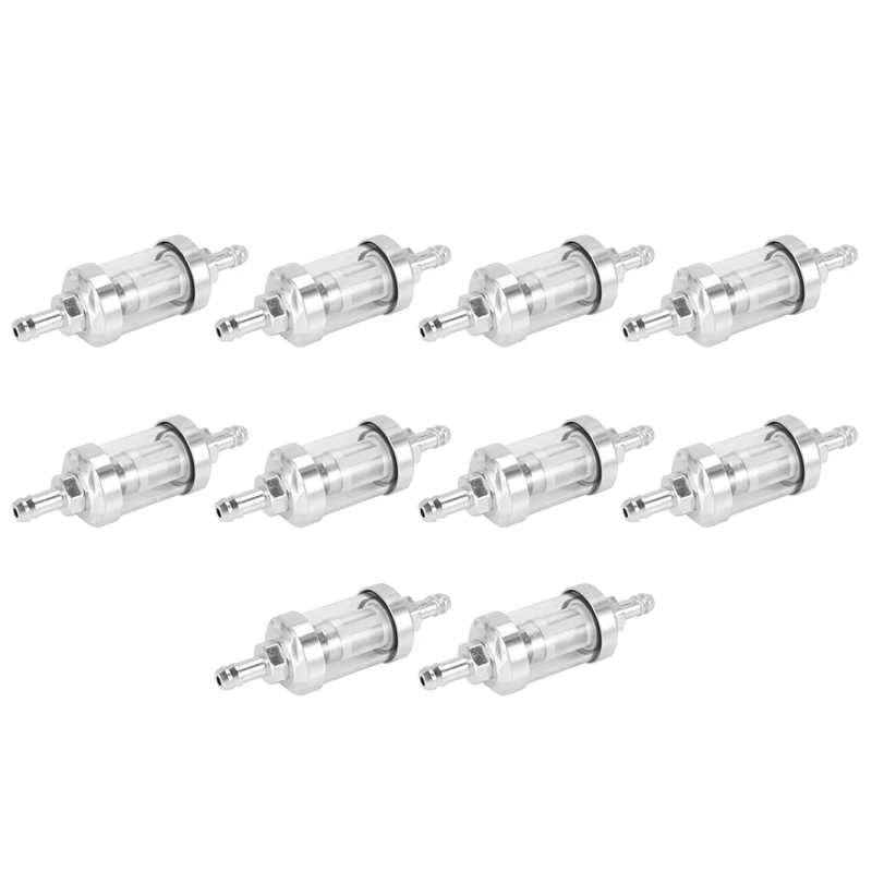 10X Universal Chrome Glass Fuel Petrol Crude Oil Engine Inline Filter 5/16 Inch 8Mm Silver For Motorcycles