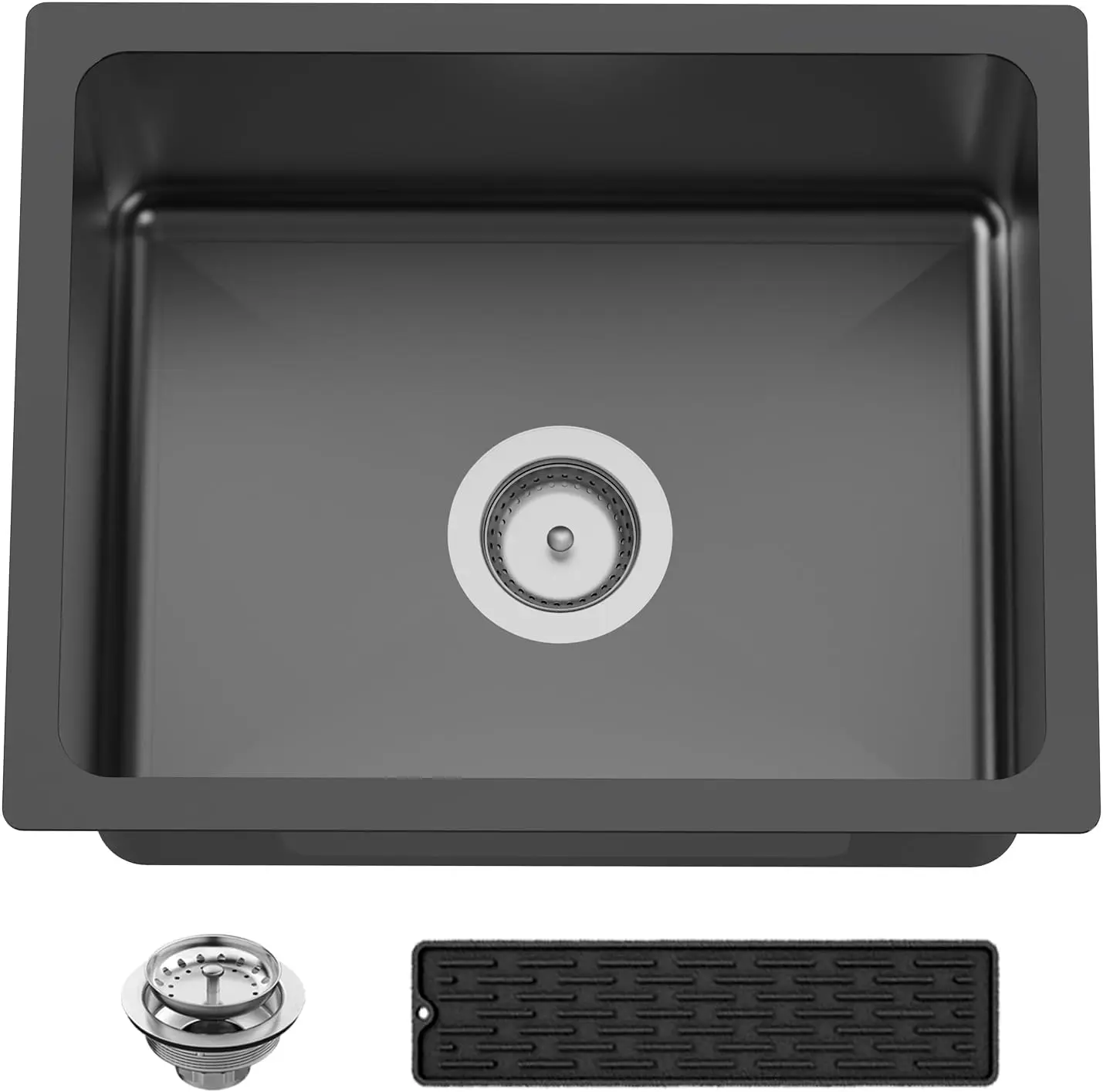 Black 20x16 Brushed Stainless Steel Undermount Modern Rectangular Single Bowl Kitchen Sink Drain Strainer Set Easy Clean