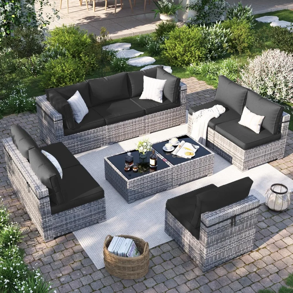 Terrace Furniture Set, 10 Piece Outdoor Combination Sofa with Waterproof Cover,all-weather Willow Terrace Backyard Reception Set