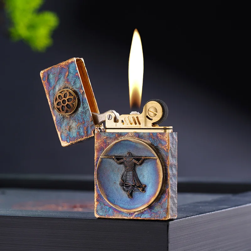 2026 Hand-carved Original Copper Right-angle Small Heavy Armor, Grinding Wheel Kerosine Lighter, High-end Gift for Boyfriend