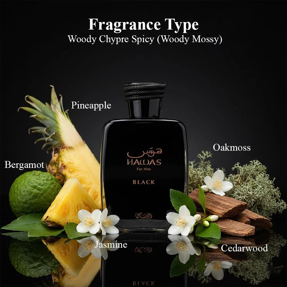 Hawas Black by Rasasi for Men - 3.38oz Eau De Parfum Spray, Long Lasting - Sophisticated and Modern Fragrance for Men. view 2