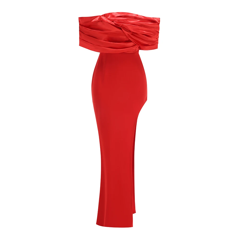 Czerwona satynowa długa sukienka z falbankami wysoki rozcięcie Bodycon bal kochanie Off The Shoulder plisowana suknia wieczorowa Vestidos