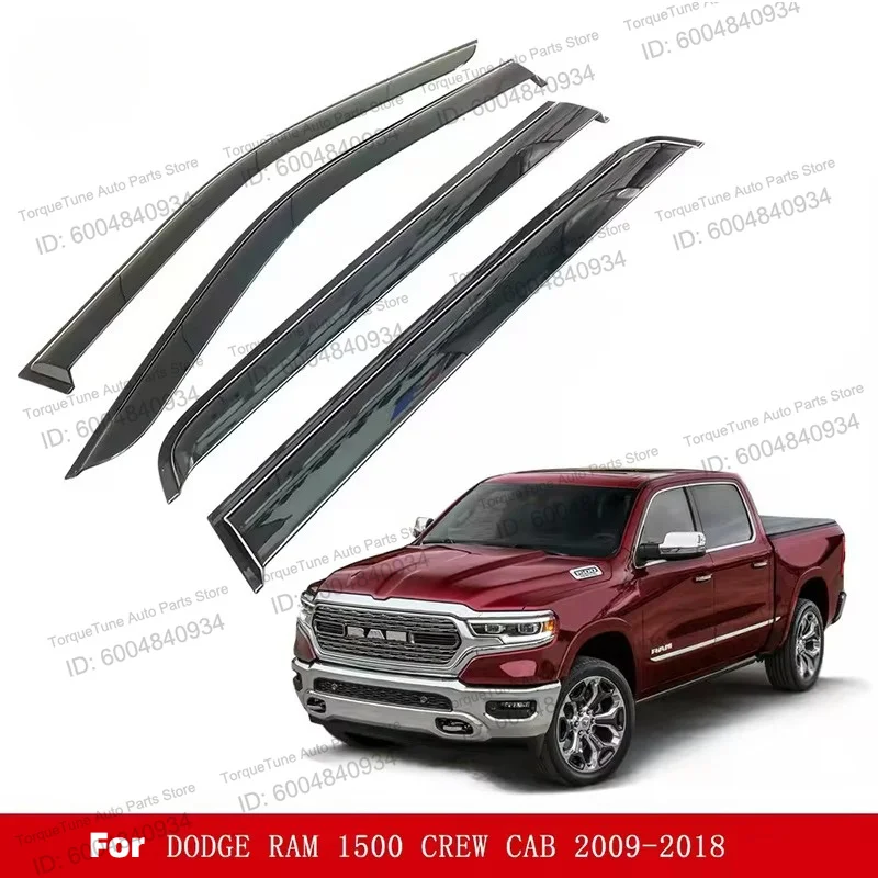 4-Piece Window Visor for DODGE Ram 1500 Crew Cab 2009-2018, High-End Injection, Rain Sun Guard, Car Accessory