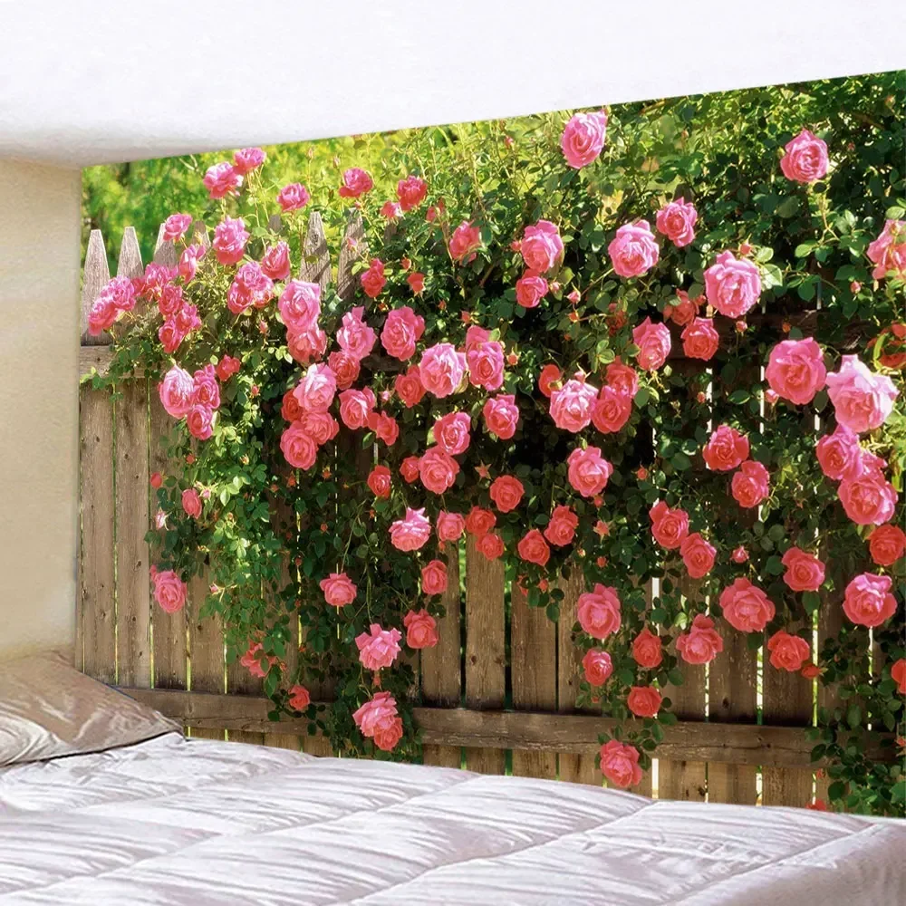 HD-Spring Flowers & Wood Fence Tapestry, Pink Rose Floral Garden Scene Wall Hanging for Window or Natural Home Decor