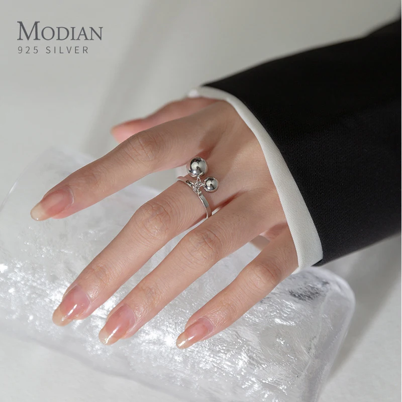 MODIAN 925 Sterling Silver Smooth Metal Ball Charm Open Size Ring For Women Sparkling Fashion Party Ring Fine Jewelry Gifts