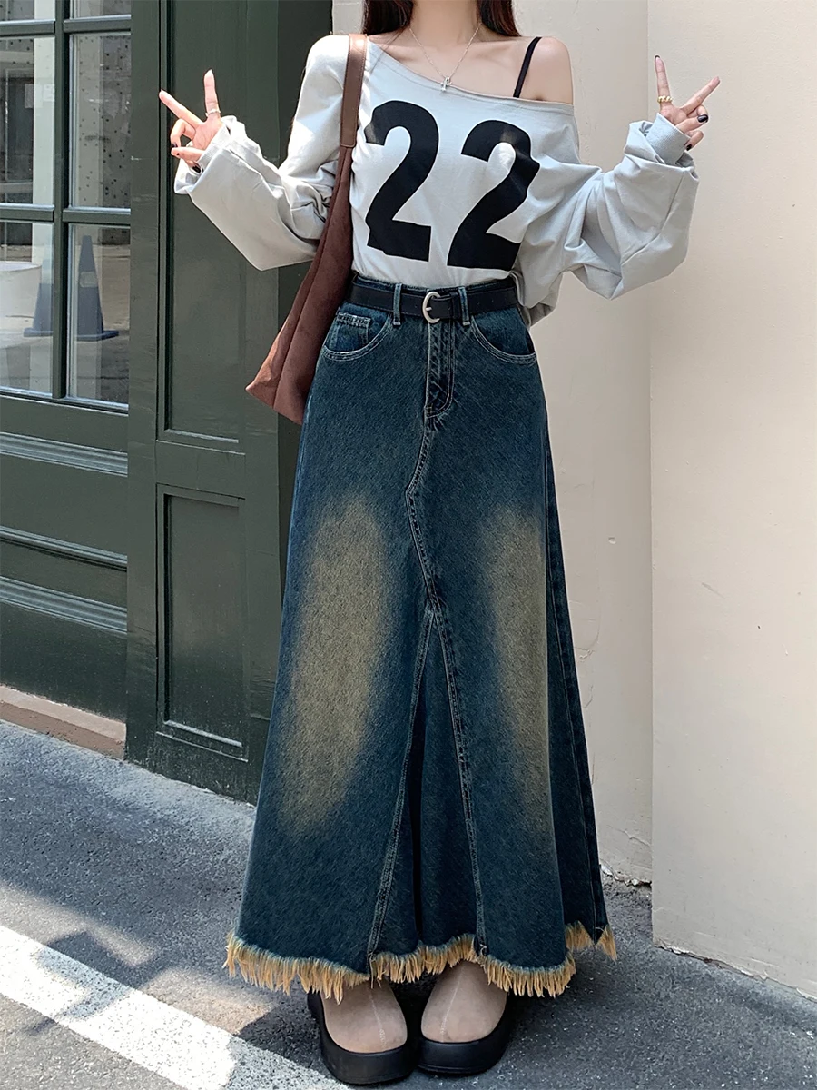 Retro Tassel Rough Edge Denim Skirt High Waist Loose A-line Long Skirts 2024 Early Autumn Fashion Versatile Casual Denim Skirt