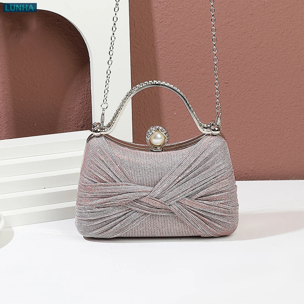 Women's Pleated Knot Box Evening Bag Party Dress Handbag Arch Handle Hard Box Clutch for Wedding Prom Events Gala Formal Events