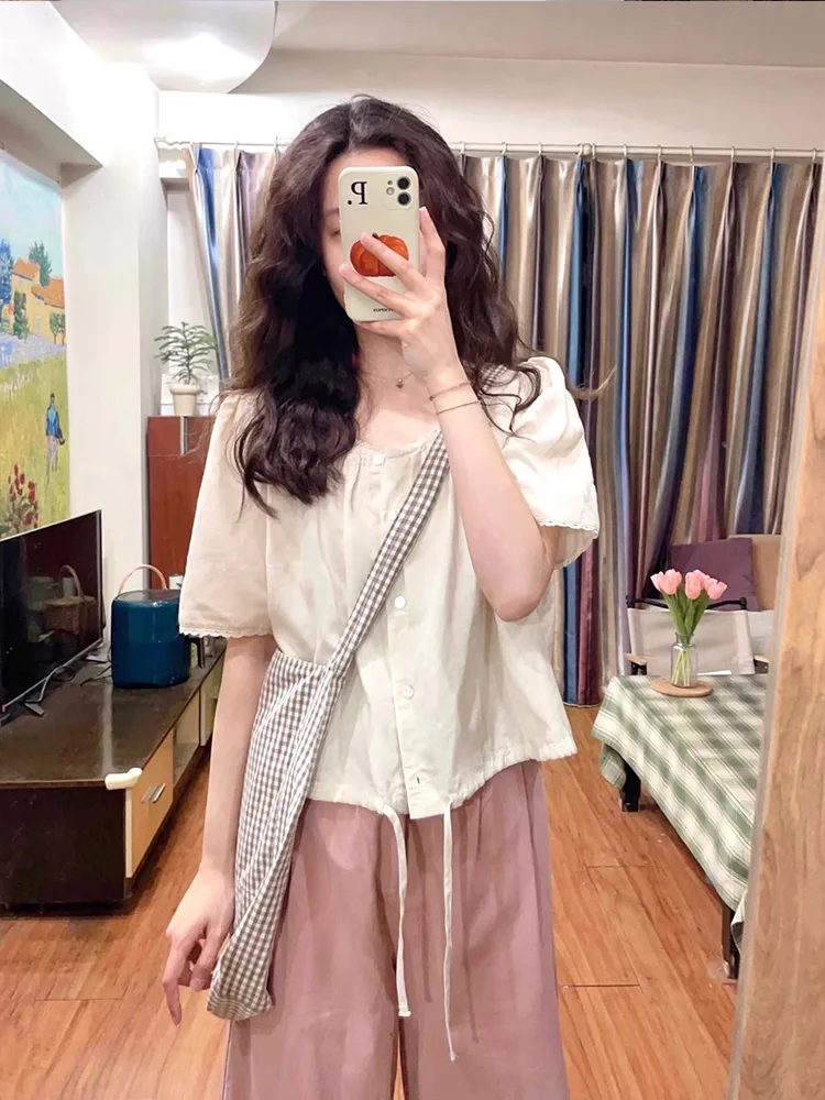 French sle Puff sleeve Cotton and Linen Short sleeve Shirts Women Summer Design Sense  Small Doll Shirt Short Top Summer