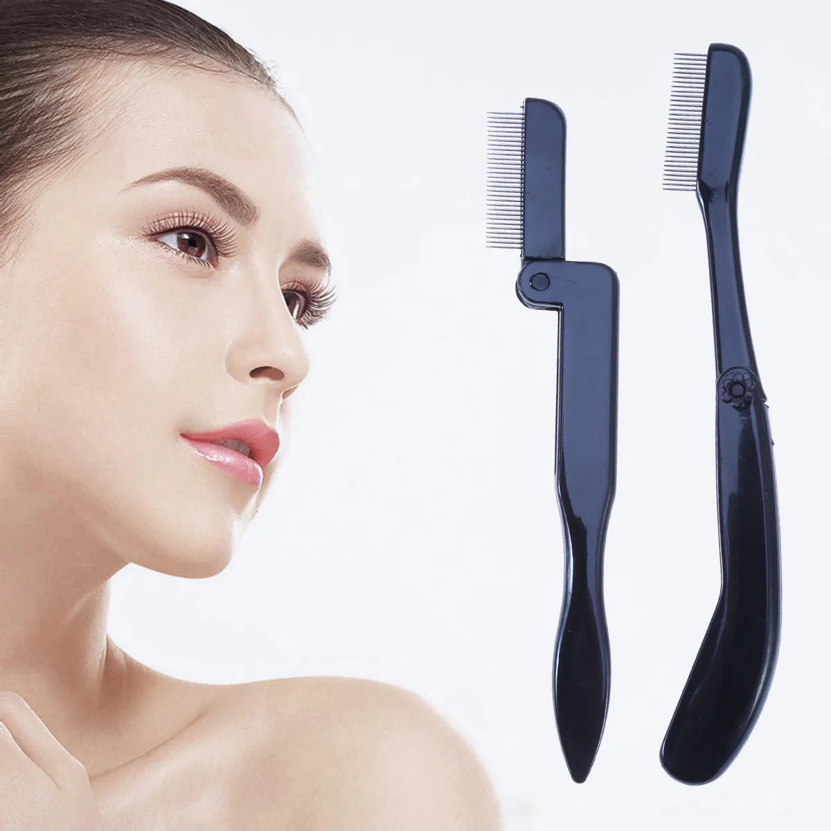 2Pcs Plastic Handle Eyelash Comb Foldable Metal Teeth Stainless Steel Pins for Eyelash Separation Curling Mascara Travel Makeup