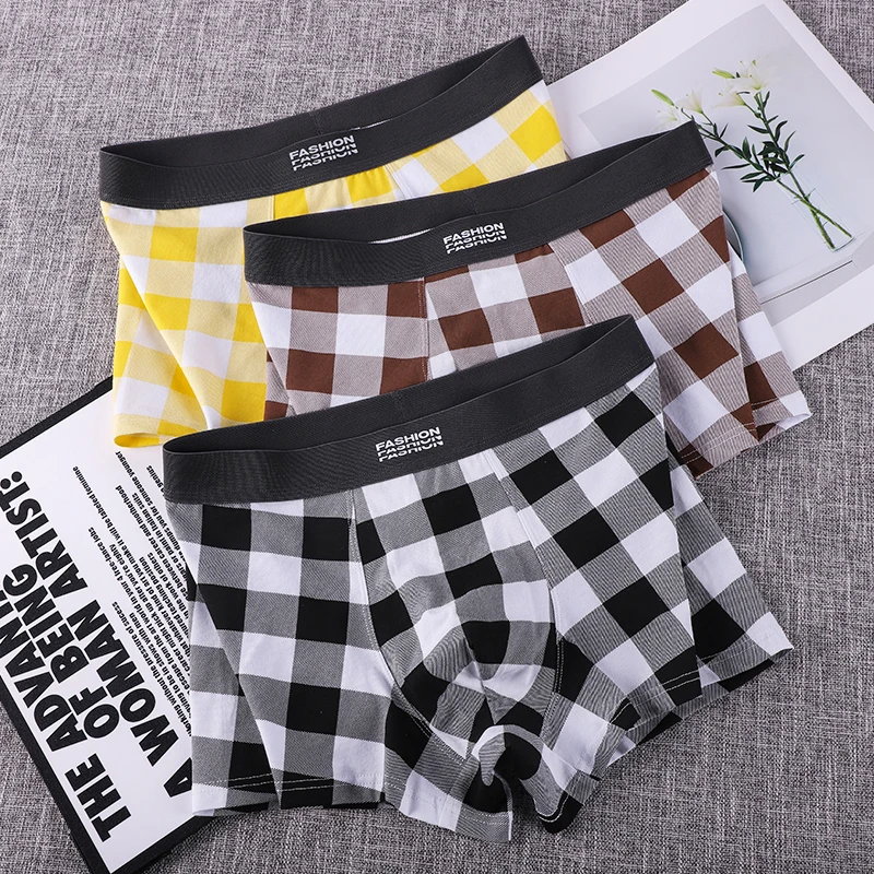 

Набор из 3 мужских трусов-боксеров, молодежные спортивные шорты, дышащие, из чистого хлопка, модные, в клетку, с четырьмя угловыми вставками, для мужчин