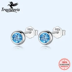 Trustdavis Real 925 Silver Fashion Round Heart with Blue Pink Zircon Stud Earrings for Women Daily Wear Jewelry Gift DS742