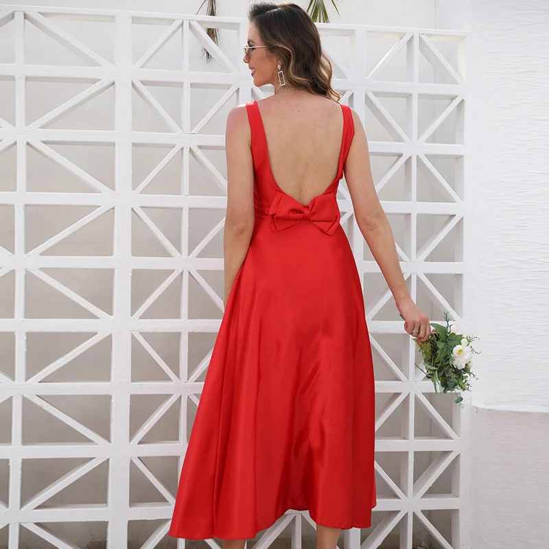 Vestido de noche rojo con doble lazo, vestido de mujer con espalda descubierta, vestido elegante informal sexi, ropa de mujer