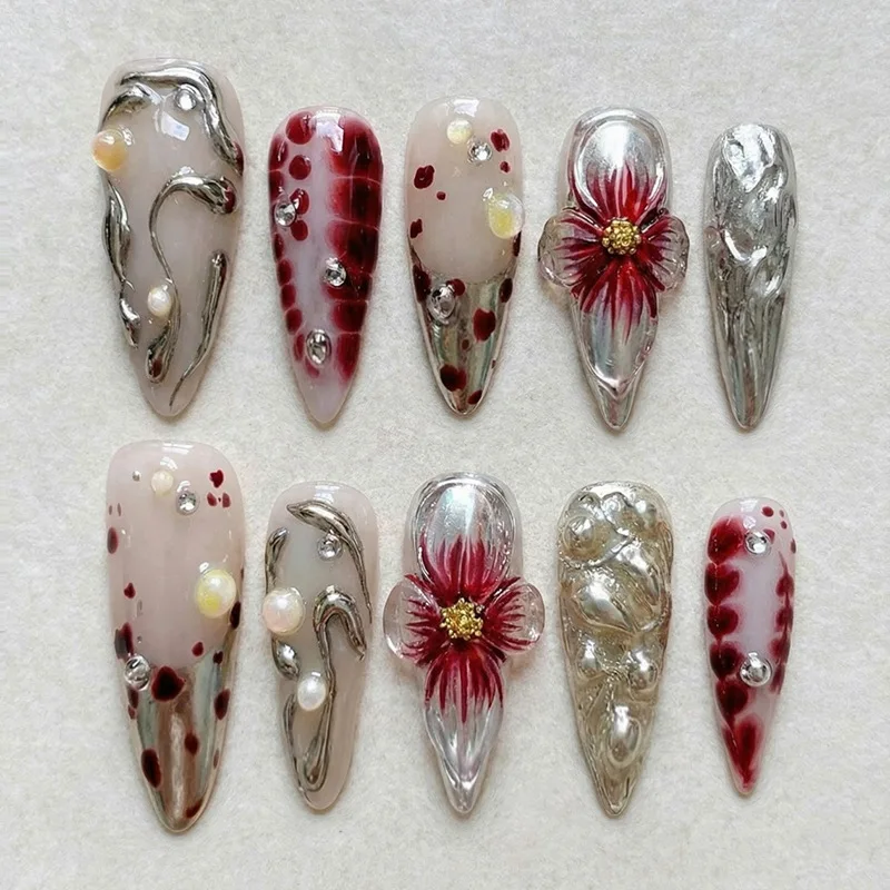 24pcs Long Stiletto False Nails Wearable Polka Dot Full Cover Nail Art Finished Black Spicy Girl Fake Nail Rivet Design Manicure image 2