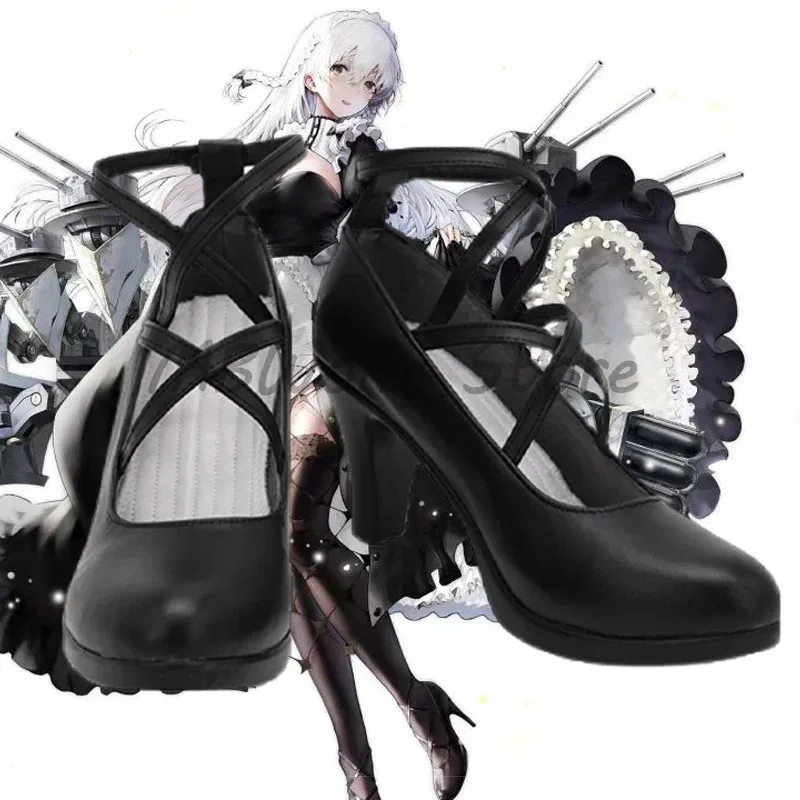 Azur lane hms dido sapatos pretos botas cosplay couro feito sob encomenda qualquer tamanho para unissex adereços de festa de halloween