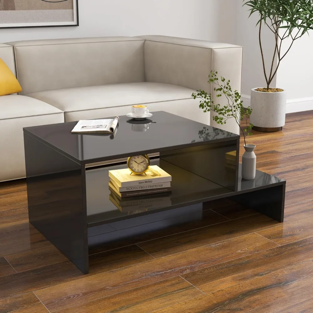 

LED Coffee Table Black for Living Room with LED Lights 35x22x16'' Modern Coffee Table Unique Minimalist Center Table E
