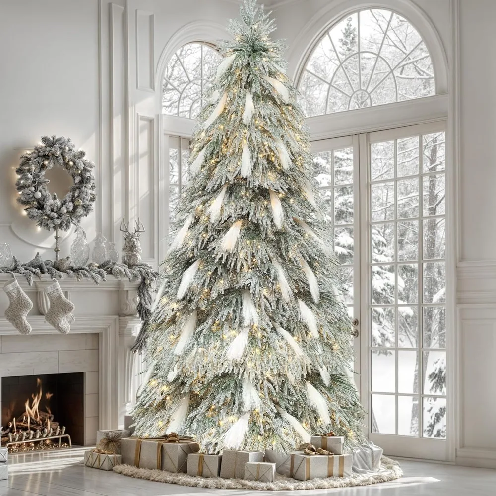 Pre-Lit Snow Flocked Natural Drooping Pampas Christmas Tree,355 Branch Tips, 30 Feathers,400 Lights,Artificial Christmas Trees.