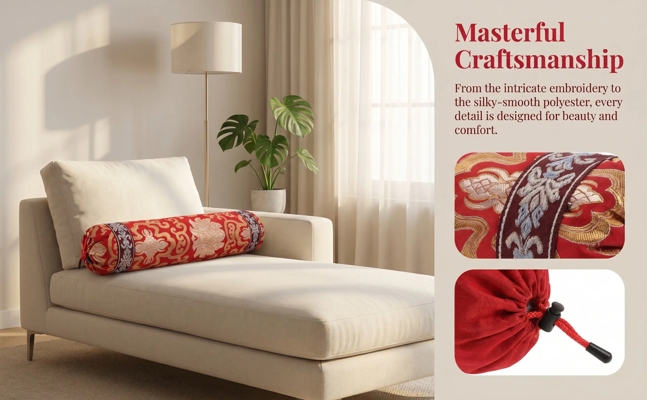Oriental Small Round Pillowcase Chinese Design Buckwheat Filled Neck Lumbar Support Cushion for Hardwood Furniture Home