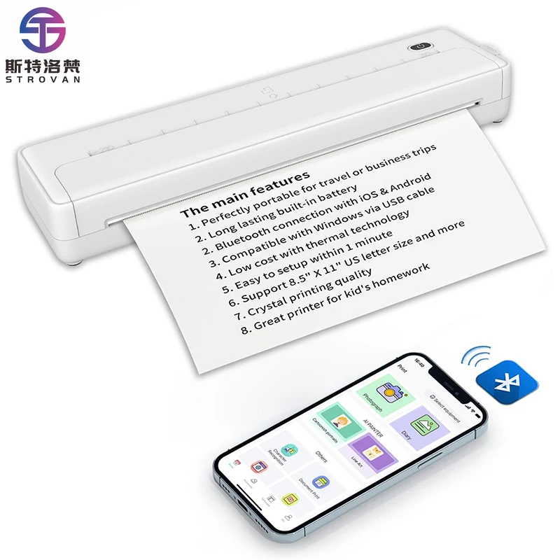 Portable A4 Wireless Thermal Printer 203DPI 2000mAh Battery 1-Year Warranty for Office/Travel Small Business Use-in Stock