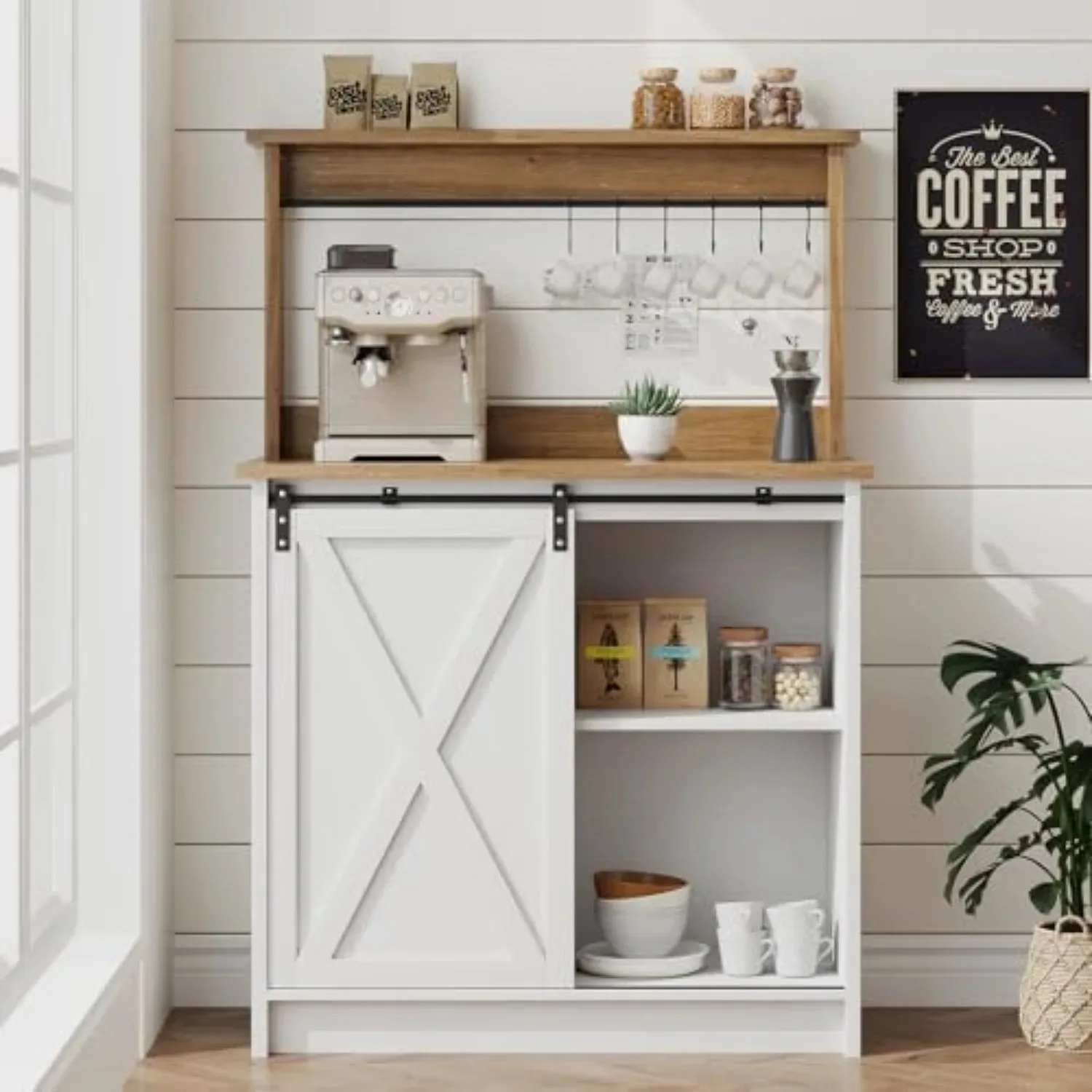 31" Farmhouse Coffee Bar Cabinet with Storage Hutch, White | Coffee Bar Station with Sliding Barn Door, 6 Hooks and