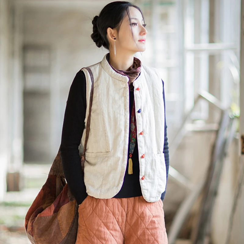 Frauen Baumwolle Leinen Casual Weste Mäntel Neue 2025, Herbst Vintage Stil Einfarbig Dicke Warme Weibliche Grundlagen Ärmellose Jacken M2096
