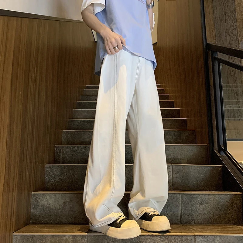 

Белые хлопковые свободные прямые джинсовые брюки для мужчин и женщин, повседневные джинсовые брюки-карго для мужчин