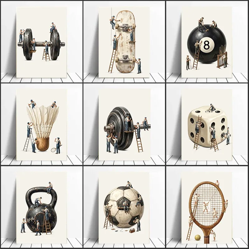 Vintage Minimalist Sport Wall Art Humor Classic Dice Dumbbell Basketball Table Tennis Golf Soccer Ball Art Print Home Decor Gift