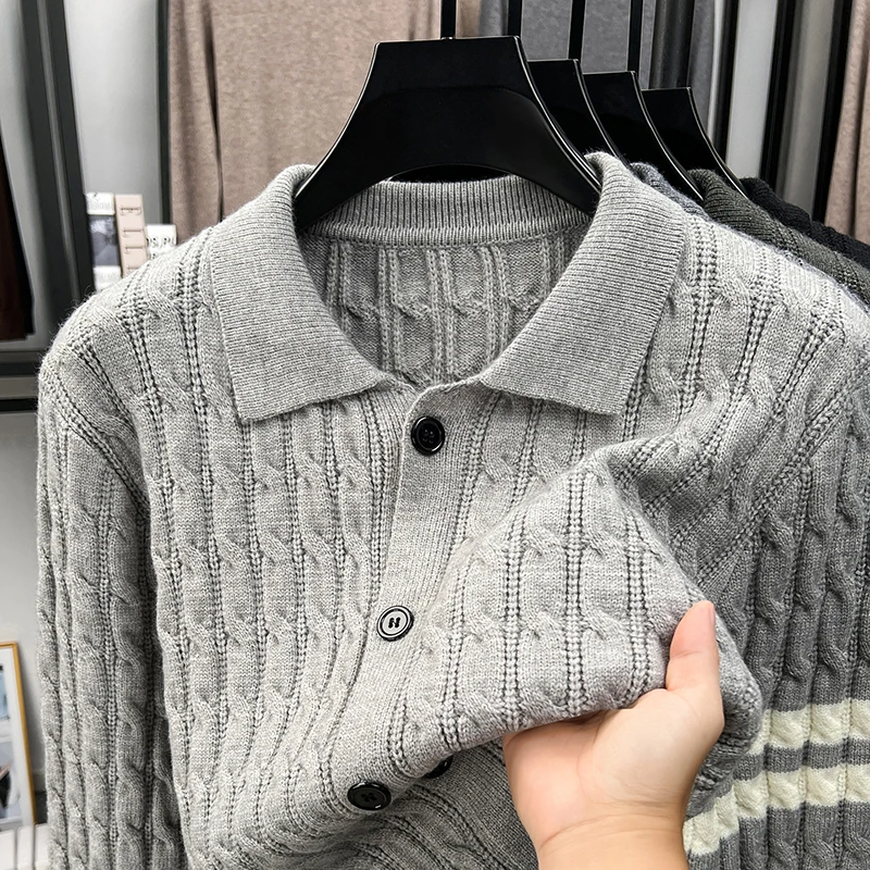 Lapel Cardigan Jacket for Men, Winter Fashion, Solid Color, Casual Trend, Long Sleeved New Style, Autumn and Winter Knitwear