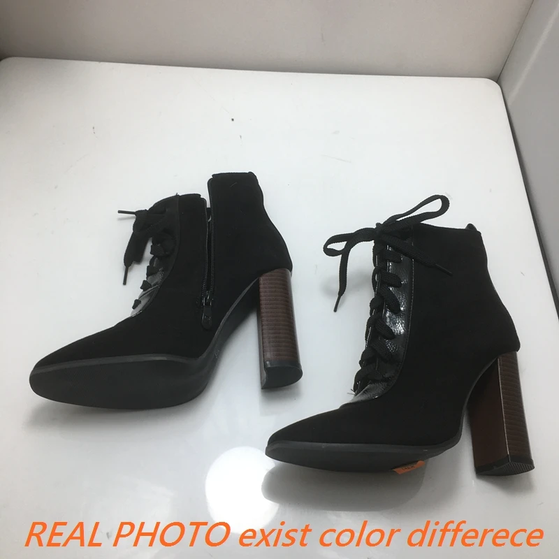 ASILETO Women Fashion lace Up Leather Big Size Pink Green Party Fashion Black Hot sale Pointed Toe Ankle Boots 10cm Thick Heels