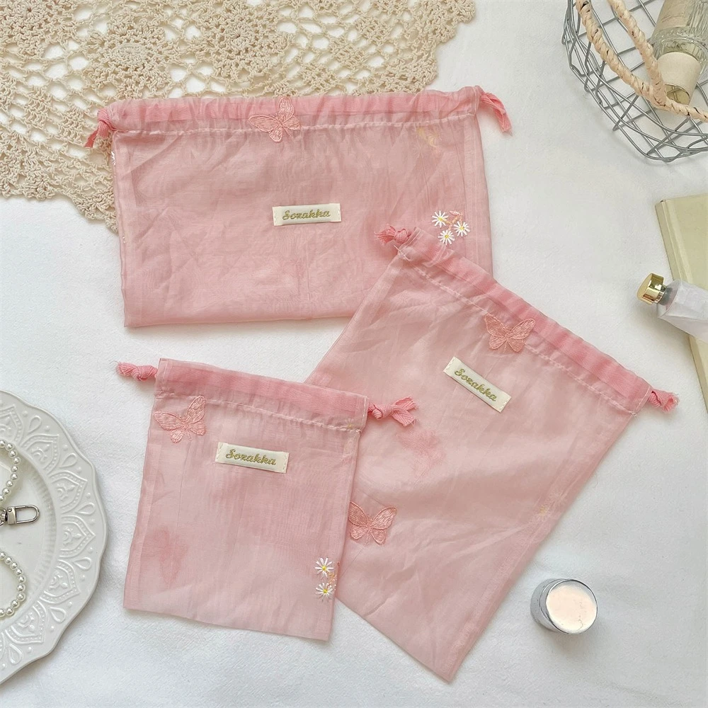 New Embroidered Women Makeup Bag Drawstring Storage Pouch Portable Travel Toiletries Cosmetics Organizer Packaging Bag Pouch