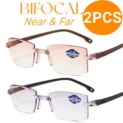 Gafas de lectura progresivas bifocales sin montura para hombres y mujeres, gafas rectangulares, antiluz azul, cerca y lejos, 2 piezas
