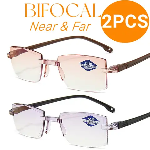 2PCS Rimless Bifocal Progressive Reading Glasses Men Women Near and Far Anti-blue Light Eyesglasses Rectangular Glasses Eyewear
