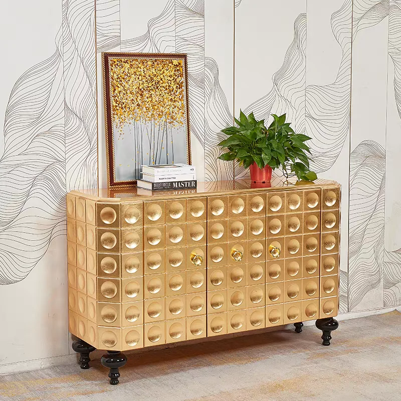 wr- Modern Wood Entryway Console & Living Room Gold Leaf Lacquered Partition Cabinet; Wine Cabinet & Sideboard for Hotel Use!